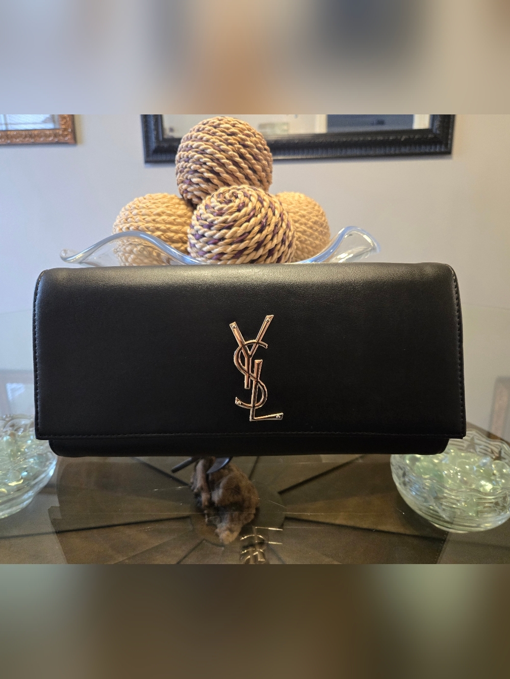 Saint Laurent Black Leather Envelope Clutch with Gold YSL Emblem